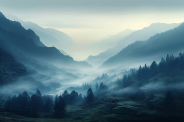 Foggy morning in the forest, mountain landscape