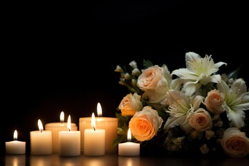 Fototapeta na wymiar Beautiful flowers and candles on black background.Funeral Concept
