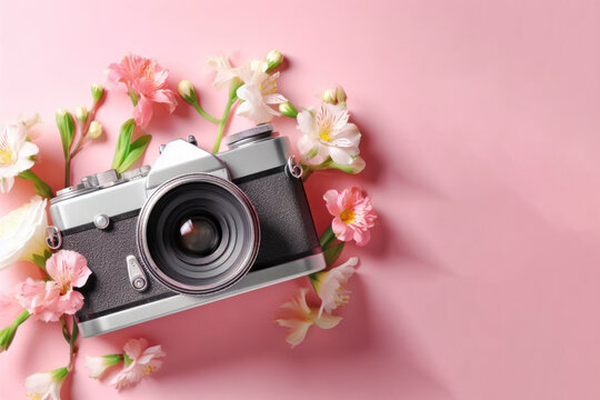 photo camera with fresh spring flowers on pink background. ai generative