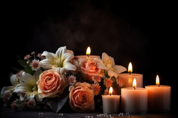 Fototapeta na wymiar Beautiful flowers and candles on black background.Funeral Concept