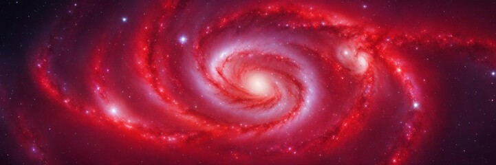Red Spiral Galaxy Banner. Abstract Red Galaxy with Shining Stars. Cosmic Wallpaper.