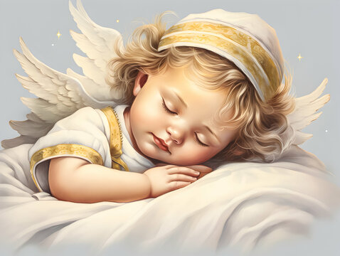 A sleeping Christmas angel, softly nestled in a crescent moon's cradle, with her peaceful countenance bathed in a soft, celestial light.

