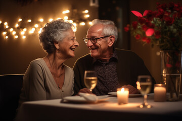 Happy senior couple enjoying romantic dinner in restaurant. They are looking at each other and smiling