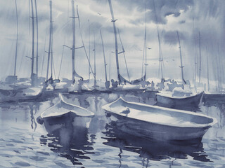 A landscape with yachts in the evening light one color watercolor - 672755160