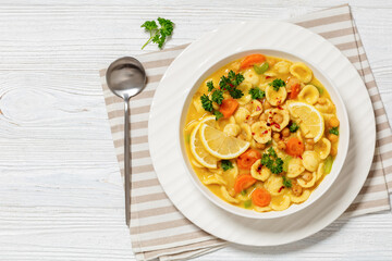 orecchiette pasta chickpea soup in white bowl