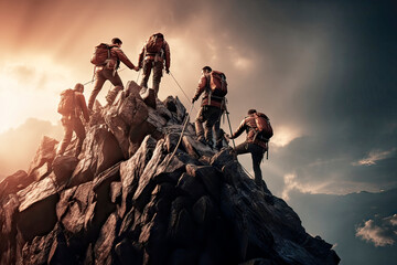 A Group of Roped Mountain Climbers on a Bare Rocky Summit with Dark Clouds in the Sky - obrazy, fototapety, plakaty
