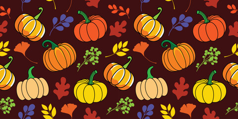 Pumpkin with various Autumn Leaf Combinations patter design for thanksgiving, banner, poster, greetings, cover etc 