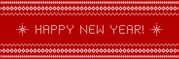 Happy new year! Banner concept as knitwear textile design with pattern and letters knitted into it.