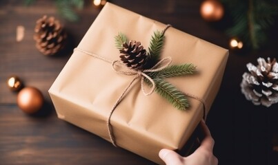 Woman hands holding a box with Christmas present