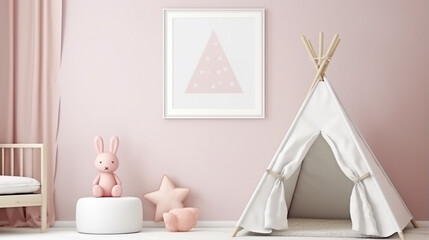 mock up poster frame in baby girl room, scandinavian style interior background. generative ai