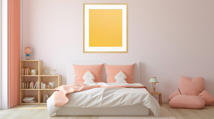 Fototapeta na wymiar Mock up frame in warm colored girl bedroom. generative ai