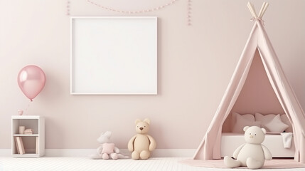 Fototapeta na wymiar mock up poster frame in baby girl room, scandinavian style interior background. generative ai