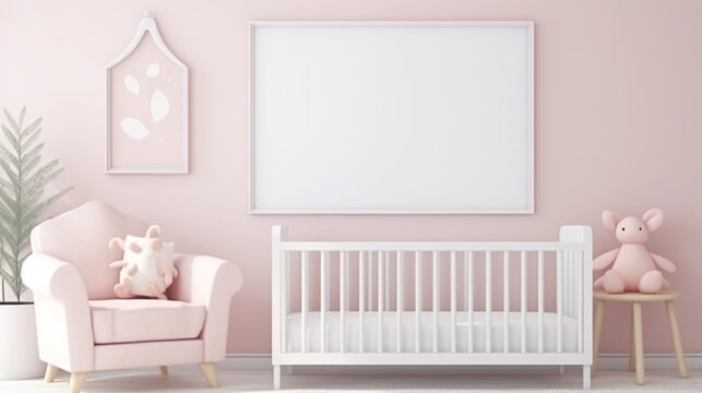 Fototapeta mock up poster frame in baby girl room, scandinavian style interior background. generative ai