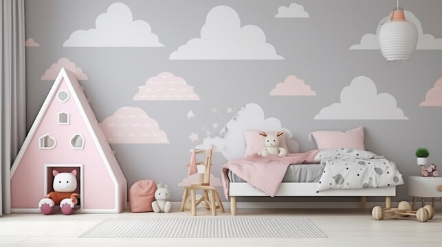 Mock up poster in children bedroom interior background, Scandinavian style. generative ai