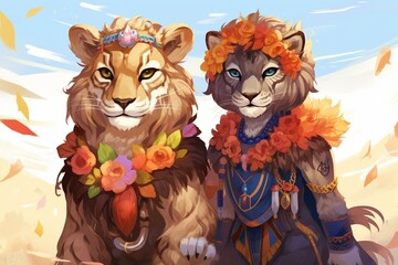 Illustration of a cute lion and lioness couple in fantasy tribal costume. Generative AI - obrazy, fototapety, plakaty