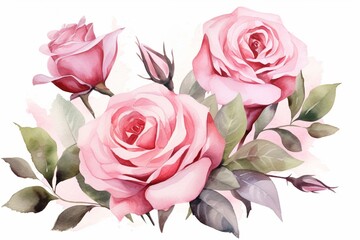 Watercolor illustration of pink roses on a white background, perfect for spring floral designs. Generative AI