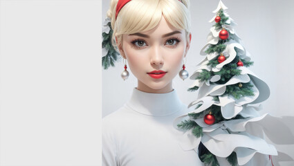 50's and 60's fashion girl with Christmas decoration Christmas tree. Please use it for greeting cards, advertising media, etc.