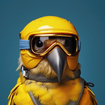 Le portrait d'un canari styl&eacute; portant un casque et des lunettes, arri&egrave;re-plan bleu.