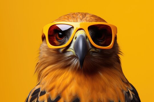 Un aigle styl&eacute; portant des lunettes, regardant devant lui, fond isol&eacute; de couleur jaune.