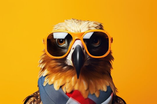 Le portrait d'un oiseau styl&eacute;, portant des lunettes de soleil, vue de face sur fond isol&eacute; de couleur orange.	