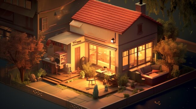 a realistic isometric illustration of a charming 1929 house, bathed in the soft, warm light of a serene sunset