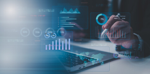 innovative business dashboards data analysis  kpi financial digital erp performance UI report system - obrazy, fototapety, plakaty