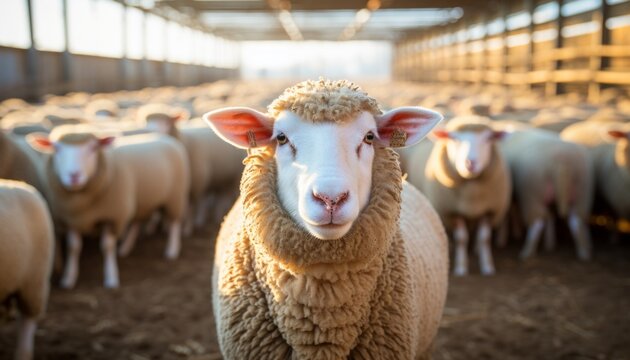 Beautiful ecological domestic farm captivating image of huge rams and adorable lambs at the factory