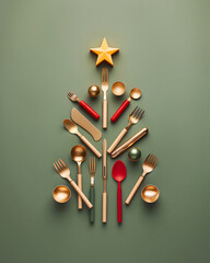 Top view of Christmas tree made of golden and red cutlery on isolated green background. Minimal flat lay. Xmas greeting or gift card. New Year concept. Restaurant decoration.