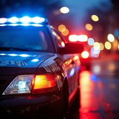 close view of  a police car with flashing blue lights in the middle of the street at night - generative AI - obrazy, fototapety, plakaty