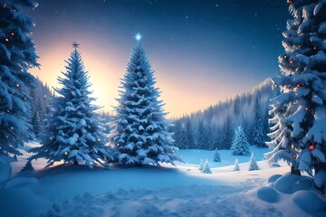 Fototapeta na wymiar christmas tree with snow Fantastic winter landscape with Christmas tree. 3D rendering. Christmas background with christmas tree, snow and stars. Beautiful christmas night.