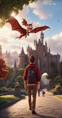 image of boy walking in the park, going to the castle, looking at the flying dragon - obrazy, fototapety, plakaty