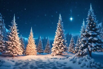 Fototapeta na wymiar Fantastic winter landscape with Christmas tree. 3D rendering. Christmas background with Christmas tree, snow and stars. Beautiful Christmas night