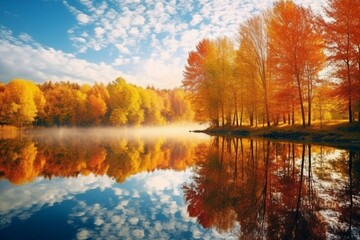 Naklejka na ściany i meble Scenic lake surrounded by autumn trees and beautiful reflection. Generative AI