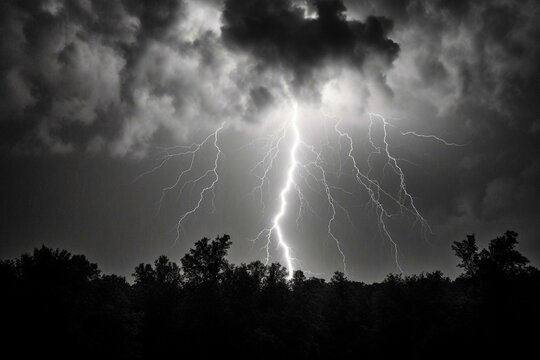 Monochrome photo of lightning striking in a dark sky with raining backdrop. Generative AI