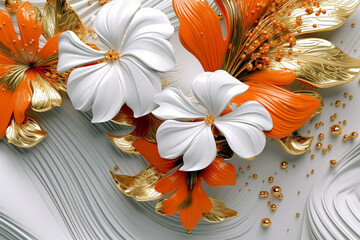 orangefarbene Blüten wie aus Glas, Metall und Porzellan mit Dekoration