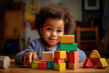 cute kid playing with colorful wooden block toys, generative ai