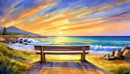 Fototapeta na wymiar Watercolor painting of a bench by the sea