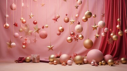  a captivating scene of Christmas delight - colorful balls, radiant stars, and golden bows set against a lovely pink backdrop. The essence of the holiday season comes alive.