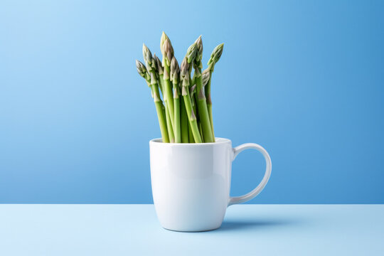 Beautiful fresh green asparagus in a white cup on a blue background with space for inscriptions or text. Healthy eating theme.generative ai - Powered by Adobe
