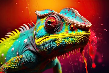 Obraz premium Colorful chameleon on a branch, a creative concept of adaptation and transformation. Generative AI
