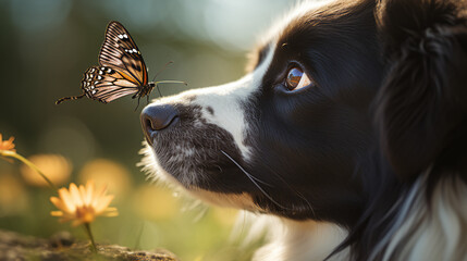 Butterfly on a dog's nose - obrazy, fototapety, plakaty