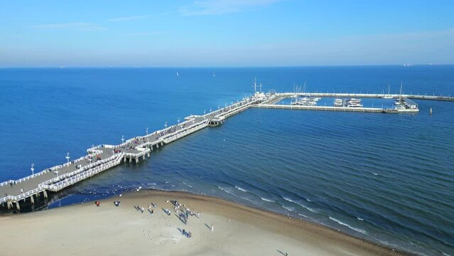Aerial view on pier at the Sopot resort, sunny,  autumn day in Poland.