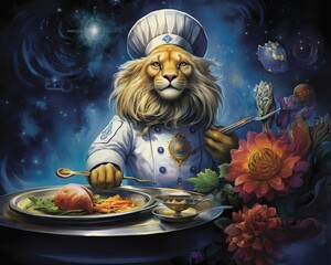 Lion Celestial chef crafting dishes from stardust