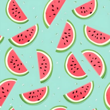 seamless pattern of cute watermalon on green backgrounds, ai generative