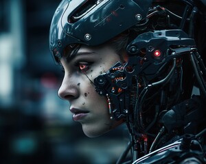 Fototapeta premium The military robot is looking at the screen.