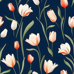 Obraz premium Seamless pattern of orange and red tulips on dark background, ai generative