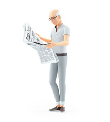 3d senior man standing and reading a newspaper