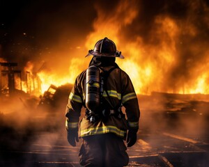 Firefighter in burning building firemen on fire and smoke