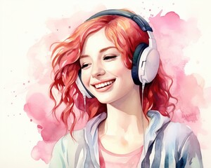 Smiling redhead listening to music in pink headphones
