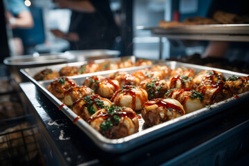 Japanese food - Takoyaki in paper tray in busy street food market, close-up view